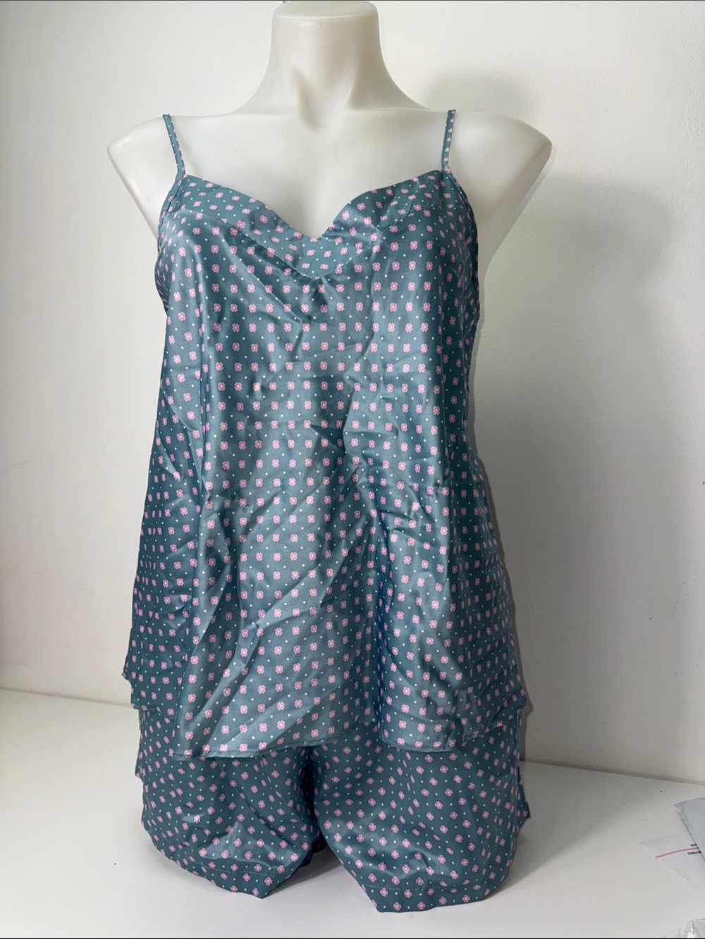 Flora Nikrooz Teal Satin Cami & Short Pajama Set with Pink Floral